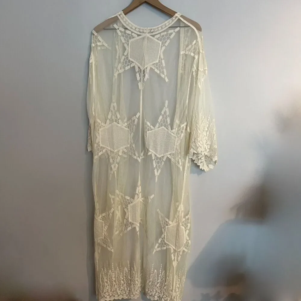 Stylestalker Long Embroidered Lace Bohemian Cardigan Kimono Cover Up Ivory